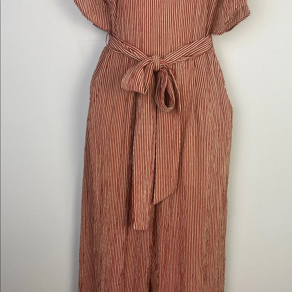 Anthropologie Eva Franco Ruffle Striped Jumpsuit in Terracotta Small Pockets - Picture 5 of 16